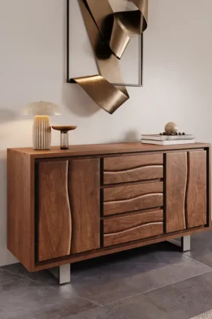 Livraison Express CommodeLive-Edge 147 cm acacia marron 3 tiroirs 2 portes