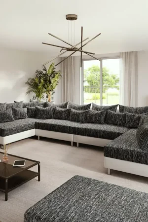 Canapé-PanoramiqueClovis XL Blanc Noir Avec Tabouret Modulable Petit Prix