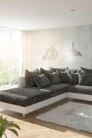 Canapé d'angleClovis blanc noir avec tabouret pouf gauche Commande En Gros