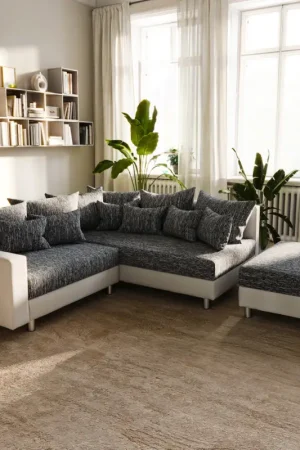 Canapé-d'angleClovis Blanc Noir avec tabouret et accoudoirs poufs droite Seulement Aujourd'hui