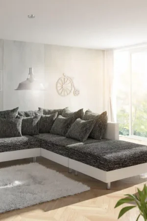 Prix Choc CanapéClovis blanc noir avec tabouret ottoman droit modulable canapé d'angle