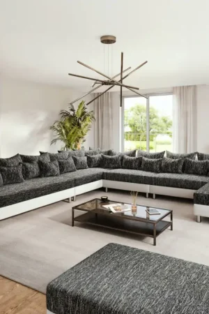 Canapé panoramiqueClovis XXL Blanc Noir avec tabouret Pouf gauche Petit Prix