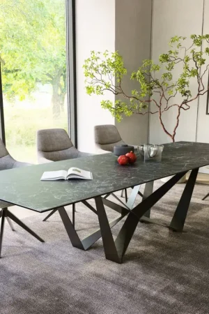 Expédition Rapide Table-à-mangerEdge 300x100cm Laminam® céramique gris pieds milieu acier plat noir