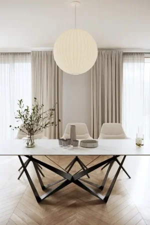 Pas Cher Table-à-mangerEdge 300x100cm Laminam® céramique blanc pieds milieu acier plat noir