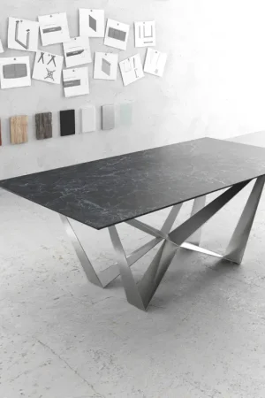 Dernière Chance Table-à-mangerEdge 200x100cm Laminam® céramique gris pieds milieu acier plat argent