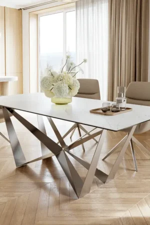 Table-à-mangerEdge 200x100cm Laminam® céramique blanc pieds milieu acier plat argent Produit De Marque