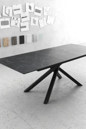 Table-à-mangerEdge 180-220x100cm Laminam® céramique gris pieds milieu croisé noir Vente Directe