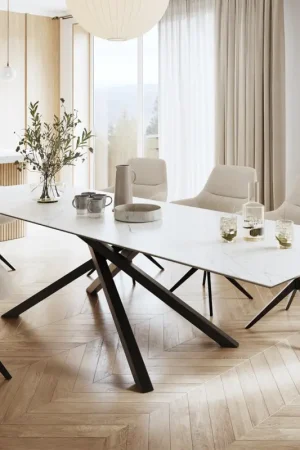 Promotion Saisonnière Table-à-mangerEdge 300x100cm Laminam® céramique blanc pieds milieu croisé noir