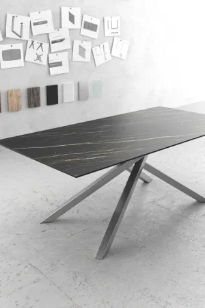 Acheter Direct Table-à-mangerEdge 200x100cm Laminam® céramique marron pieds milieu croisé argent