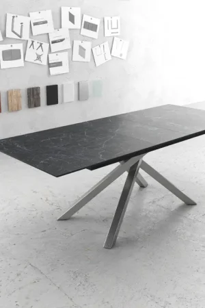 Table-à-mangerEdge 180-220x100cm Laminam® céramique gris pieds milieu croisé argent Achat Immédiat