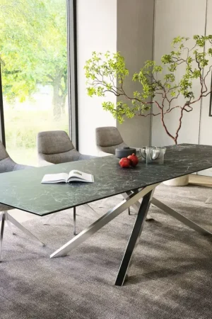 Promotion Table-à-mangerEdge 300x100cm Laminam® céramique gris pieds milieu croisé argent