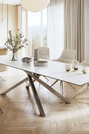 Offre Spéciale Table-à-mangerEdge 300x100cm Laminam® céramique blanc pieds milieu croisé argent