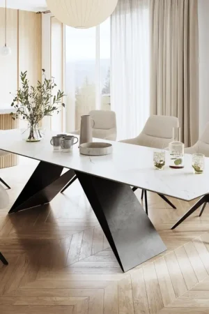 Quantité Limitée Table-à-mangerEdge 300x100cm Laminam® céramique blanc V-pieds milieu noir