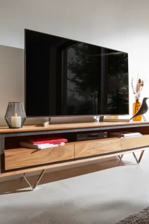 Buffet basStonegrace 175 cm acacia nature 1 compartiment 3 tiroirs placage en pierre pieds en V Commander Vite