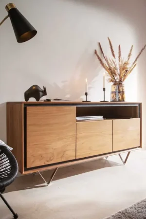 Achat Immédiat BuffetStonegrace 145 cm acacia nature 3 portes 1 compartiment placage en pierre pieds en V