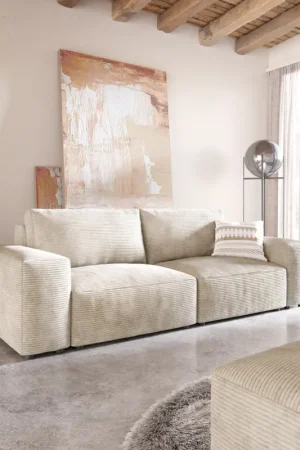 Big canapéLanzo 230x95 cm velours côtelé beige avec pouf Solde