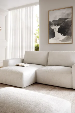 Canapé d’angleLanzo 230x155 cm bouclé blanc crème méridienne réversible avec pouf Réduction