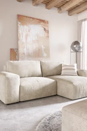 Canapé d’angleLanzo 230x155 cm velours côtelé beige méridienne réversible avec pouf Dernière Chance