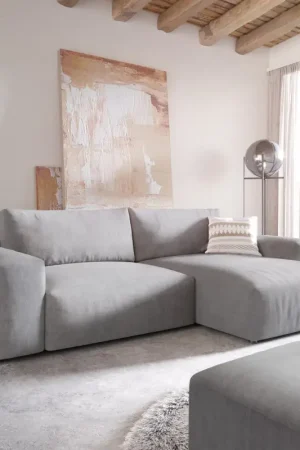 Canapé d'angleLanzo XL 270x180 cm Microfibre Gris Recamière variable avec Tabouret Meilleur Prix