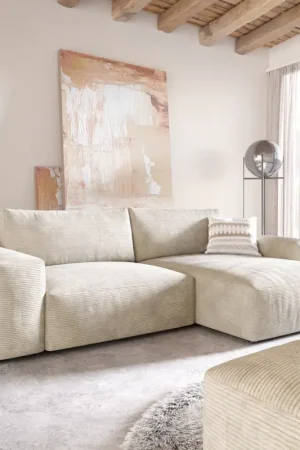 Canapé d'angleLanzo XL 270x180 cm Velours côtelé Beige Recamière variable avec Tabouret Paiement Sécurisé
