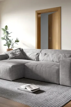 Canapé d'angleSirpio XL 270x170 cm Velours côtelé Gris argenté Recamiere variable avec Tabouret Affaire À Saisir