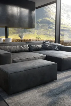 Canapé d'angleSirpio XL 270x170 cm Cuir synthétique Vintage Anthracite Recamiere variable avec Tabouret Satisfait Ou Remboursé