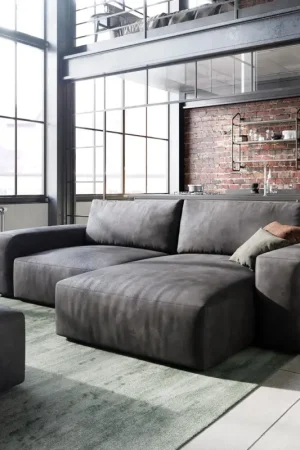 Canapé d’angleLanzo 230x155 cm similicuir vintage anthracite méridienne réversible avec pouf Prix Bas