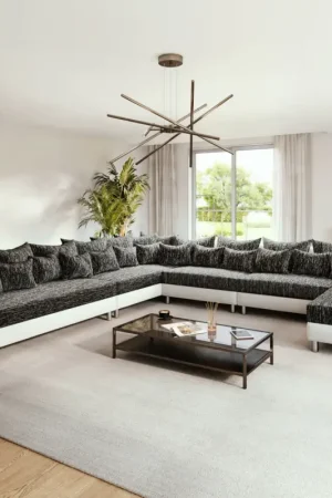 Canapé PanoramiqueClovis XXL blanc noir pouf gauche Authentique