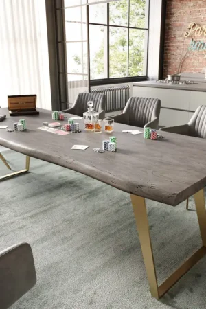 Acheter Direct Table à mangerEdge 260x100 XL acacia platine acier inoxydable Gold inclinée