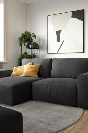 Canapé d’angleLanzo 230x155 cm microfibre noir méridienne réversible avec pouf Offre Spéciale