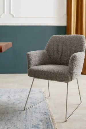 Chaise-de-salle-à-mangerXana-Flex avec accoudoirs bouclé gris argenté pied trapèze acier inoxydable brossé ressorts ensachés Prix Cassé