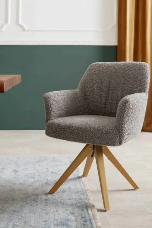 Chaise-pivotanteXana-Flex avec accoudoirs bouclé gris argenté pied en bois angulaire naturel pivotement sur 180° ressorts ensachés Populaire