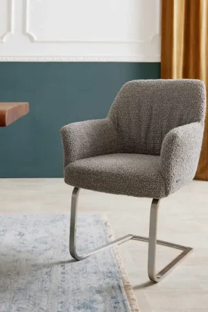 Livraison Express CantileverXana-Flex avec accoudoirs bouclé gris argenté pied cantilever plat acier inoxydable brossé ressorts ensachés