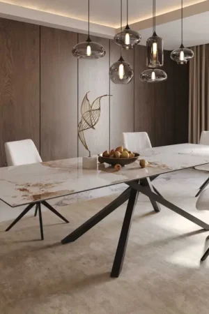 Achat Immédiat Table à mangerEdge 300x100 céramique Minas mélange blanc-beige cadre croisé rectangulaire noir