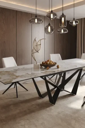 Achat Immédiat Table à mangerEdge 200-300x100 céramique Minas mélange blanc-beige Spider acier plat noir extensible