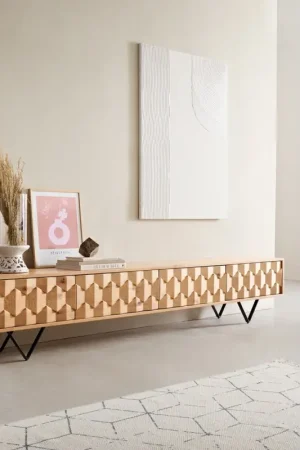 Meuble-TVFevo 220 cm chêne naturel 4 portes pied en V métal noir Prix Réduit