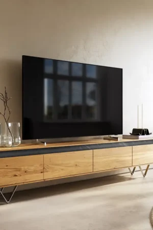 Acheter En Ligne Meuble-TVStonegrace 240 cm chêne naturel 4 portes pied en V inoxydable