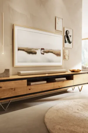 Vente Flash Meuble-TVStonegrace 240 cm chêne naturel 2 portes 1 compartiment 2 tiroirs placage pierre pied en V inoxydable