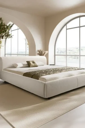 Cadre-de-lit rembourréShona 180x200 cm Bouclé Crème-Blanc Expédition Rapide