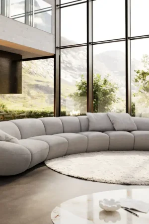 Big sofaLunna 470x210 cm tissu bouclé taupe 3 coussins Dernier Modèle