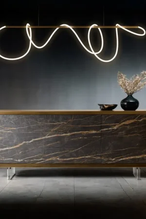 Satisfait Ou Remboursé BuffetYori 200 cm Or métallisé 2 portes 3 tiroirs Pied acrylique Céramique Laminam®Noir Desir Marron