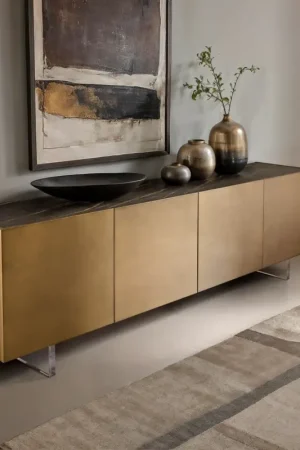 Must-Have BuffetKazu 220 cm Or métallique 4 portes Pied acrylique Céramique Laminam®Noir Desir Marron