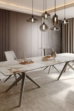 Table à mangerEdge 300x100 Céramique Minas Melange Blanc-Beige Estelar rond Métal finition à effet Titane Réduction