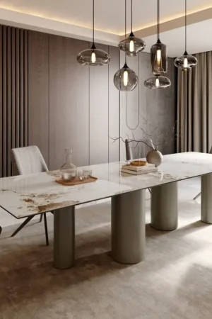 Table à mangerEdge 300x100 Céramique Minas Melange Blanc-Beige Pilier Métal finition à effet Titane Acheter Direct
