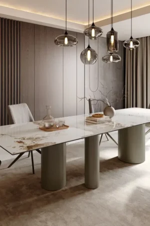 Prix Promo Table à mangerEdge 300x100 Céramique Minas Melange Blanc-Beige Troa Métal finition à effet Titane