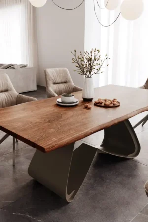Offre Exclusive Table à mangerEdge 200x100 Acacia Marron Cadre en W Métal finition à effet Titane