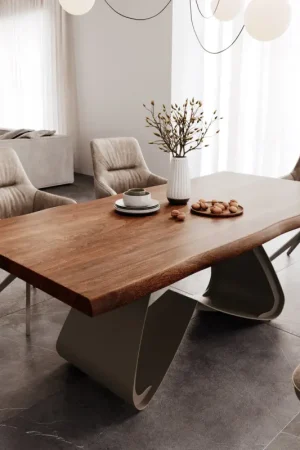 Prix Bas Table à mangerEdge 200x100 XL Acacia Marron Cadre en W Métal finition à effet Titane