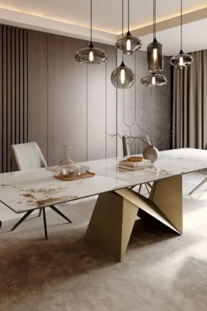 Table à mangerEdge 300x100 céramique Minas mélange blanc-beige Origami métallique doré Must-Have