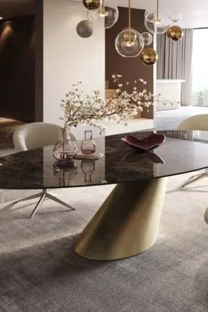 Table de salle à mangerEdge Ovale Céramique Emperador Extra Lucidato Brun foncé 280x130 Cono Métallique Or Haute Qualité