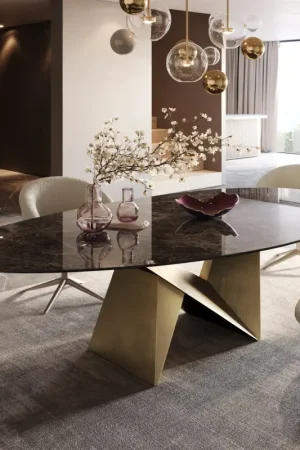 Acheter Direct Table de salle à mangerEdge Ovale Céramique Emperador Extra Lucidato Brun foncé 280x130 Origami Métallique Or